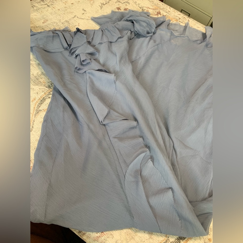 ASOS Dusty Blue Asymmetrical Ruffle Off-Shoulder Gown - Picture 8 of 9
